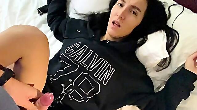 Hoodie-wearing Blowjob Queen Gets a Cumshot Surprise