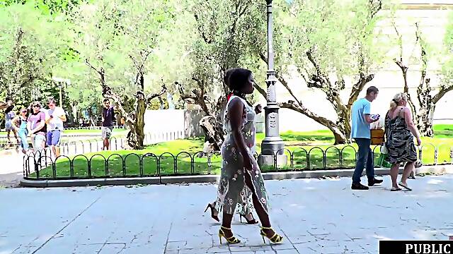 Public throating Ebony sub mouth jizzed in front of voyeurs