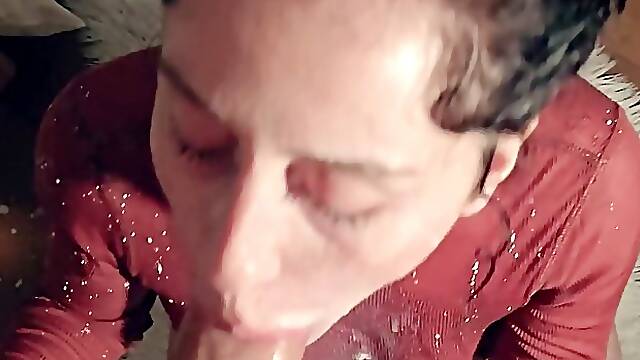 Amateur brunette slut gagging and throat fucking huge cock