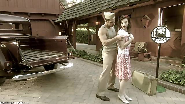 Redhead in White Nylons Riley Shy Got Her Trimmed Snatch Screwed Outdoors by Her Returned Soldier