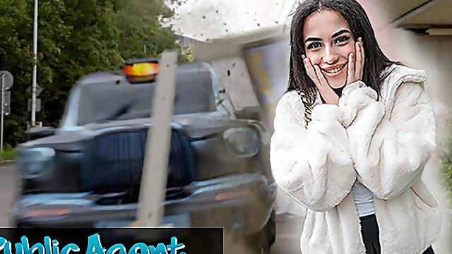 Public Agent small British Brunette hair Sucks and Screws after Almost Getting Run Over by a Runaway Taxi