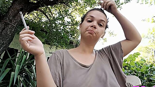 Casually smoking outside highly early in the morning no makeup, candid spontaneous video