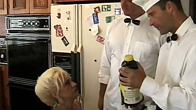 Messy grandma sucks delivery men's cock