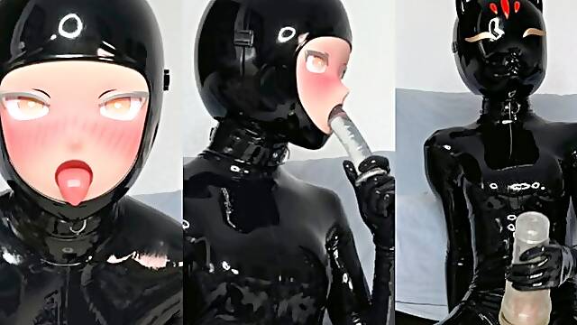 Gagged in latex kig fox mask and fleshlight masturbation