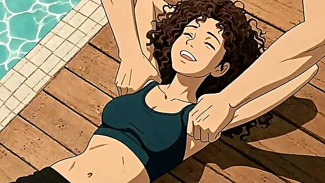 Cute anime manga babe lays next to a pool and has her armpits and boobs tickled